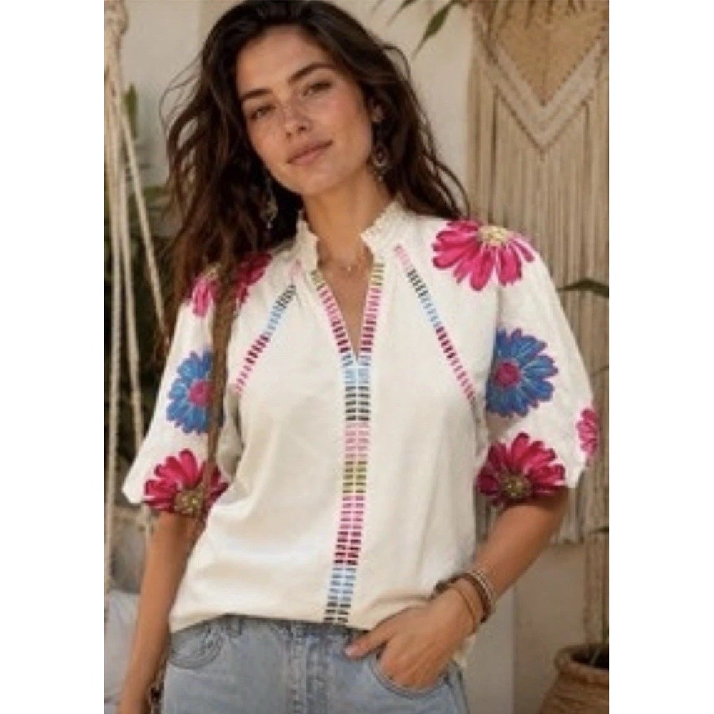 THML Oxbeau Velvet Puff Sleeve Embroidered Floral Blouse Ivory M Split Neck